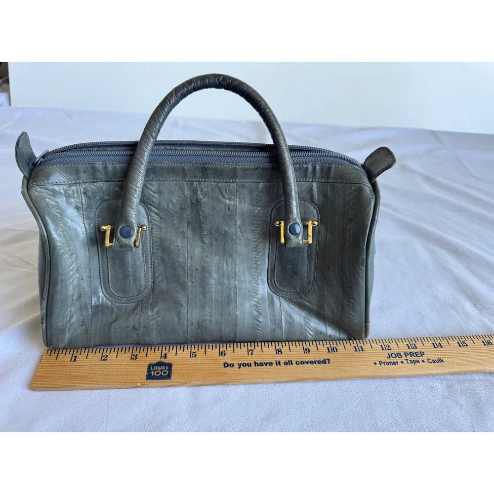 Vintage Genuine Eel Skin Satchel Bag Gray Exotic Leather Retro 80s 90s Handbag